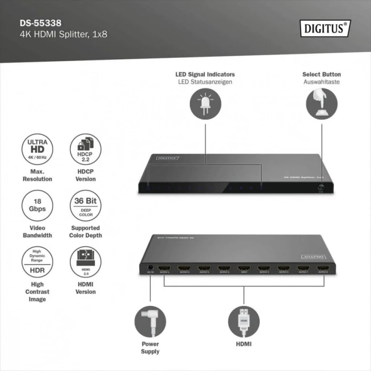 Digitus Rozdzielacz/Splitter HDMI 1x8, 4K/60Hz UHD z HDR, 18 Gbps, HDCP 2.2, EDID