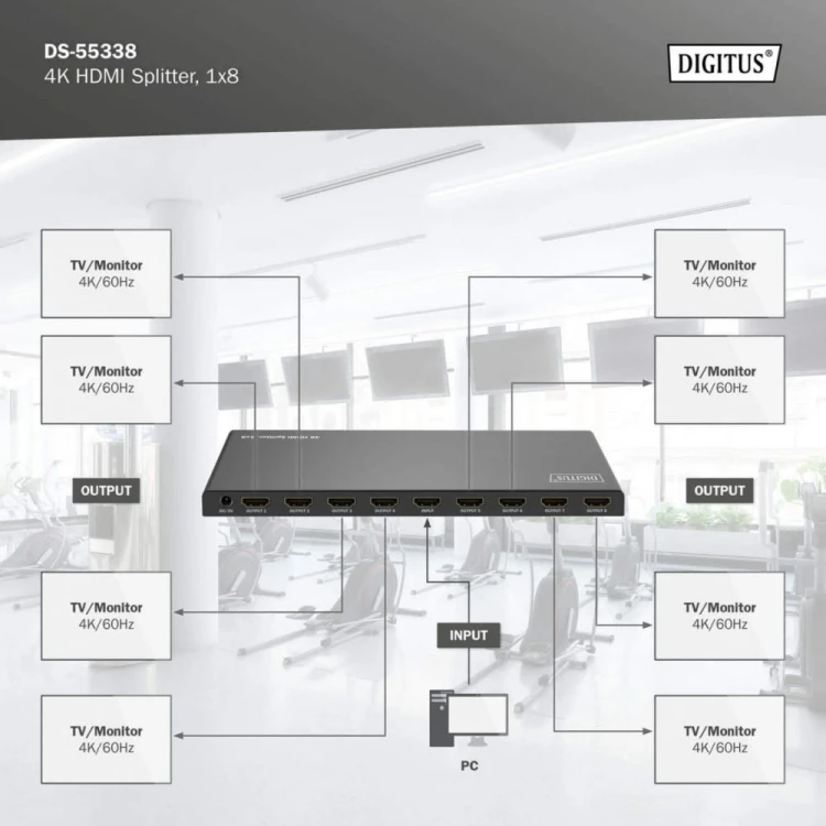 Digitus Rozdzielacz/Splitter HDMI 1x8, 4K/60Hz UHD z HDR, 18 Gbps, HDCP 2.2, EDID