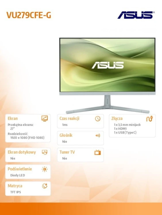 Asus Monitor 27 cali VU279CFE-G VU IPS 100Hz HDMI USB-C 15W