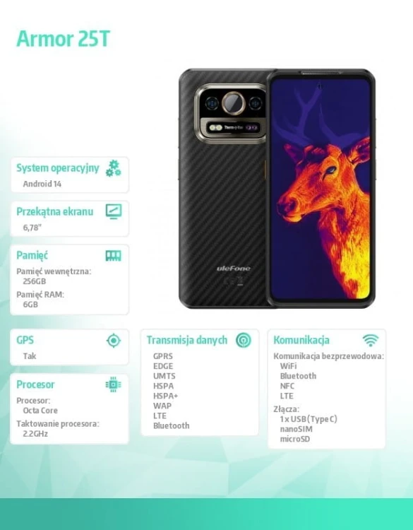 ULEFONE Smartfon Armor 25T 4G 6/256GB IP69K termowizja Frost Black