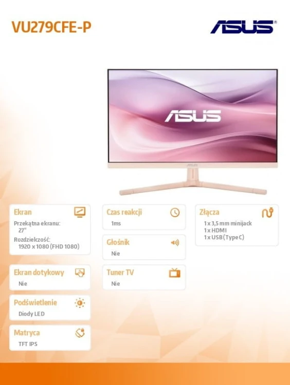Asus Monitor 27 cali VU279CFE-G VU IPS 100Hz HDMI USB-C 15W