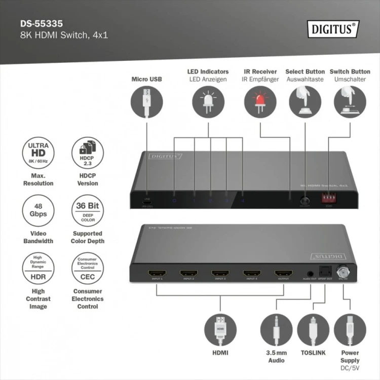 Digitus Przełącznik / Switch HDMI 4x1, 8K/60Hz (4:4:4) z HDR, 48 Gbps, HDCP 2.3, Toslink / Stereo, EDID