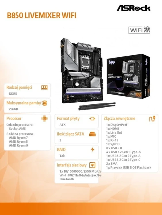 ASRock Płyta główna B850 LIVEMIXER WIFI AM5 4DDR5 USB3.2 ATX