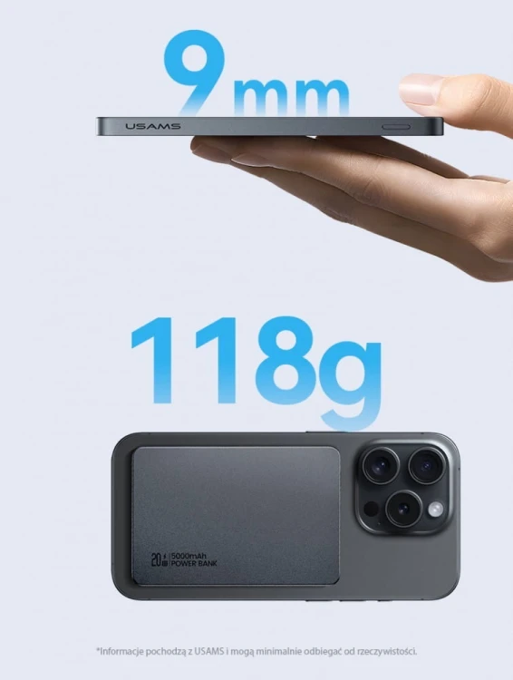 USAMS PowerBank 5000mAh 20W Indukcyjny Magsafe PD Fast Charge tytanowy
