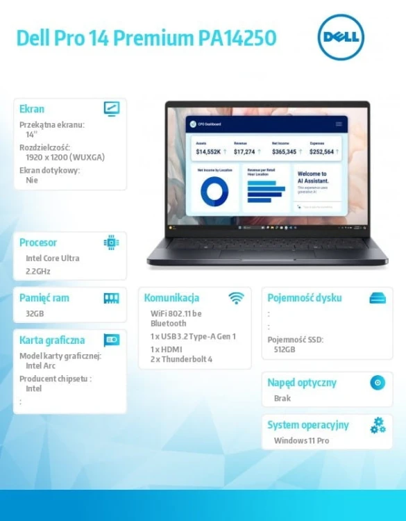 Dell Laptop Dell Pro 14 Premium PA14250 Win11Pro Ultra 7 268V/32GB/512GB SSD G4/14.0 FHD+/Arc/FgrPr/Cams&Mic/WLAN+BT/BcklKb/3C/vPro/3YPS Magnesium