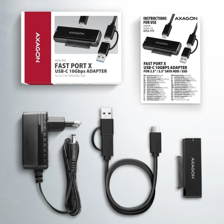 AXAGON ADSA-FPX Adapter USB-C 10Gbps SATA 6G 2.5"/3.5" SSD/HDD FASTPORT X, w tym zasilacz, 60cm USB-C/USB-A kabel