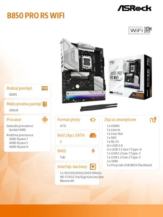 ASRock Płyta główna B850 PRO RS WIFI AM5 4DDR5 ATX