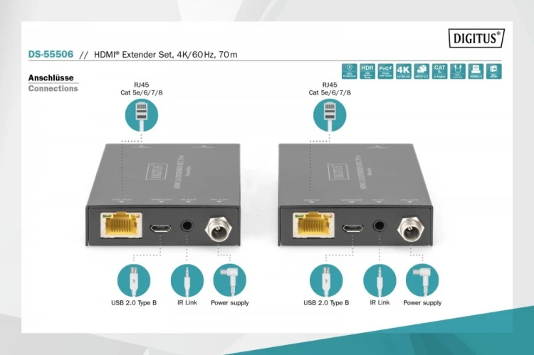 Digitus Przedłużacz / Extender HDMI 70m po skrętce kat.5e/6/7 4K 60Hz PoC (Power over Cable) (zestaw)