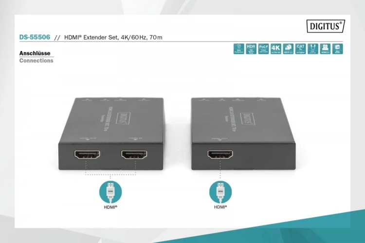 Digitus Przedłużacz / Extender HDMI 70m po skrętce kat.5e/6/7 4K 60Hz PoC (Power over Cable) (zestaw)