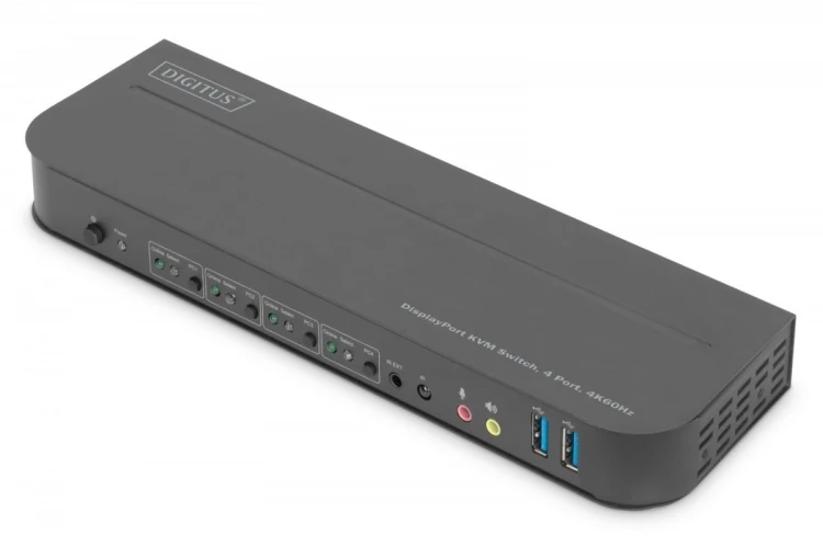 Digitus Przełącznik KVM, 4 portowy, 4K 60Hz, 4x DP IN, 1x DP OUT, 1x HDMI OUT, 2x USB A, 1x Audio IN&OUT