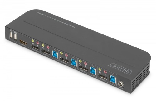 Digitus Przełącznik KVM, 4 portowy, 4K 60Hz, 4x DP IN, 1x DP OUT, 1x HDMI OUT, 2x USB A, 1x Audio IN&OUT