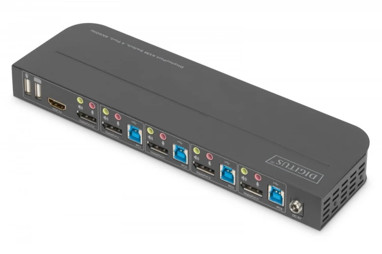 Digitus Przełącznik KVM, 4 portowy, 4K 60Hz, 4x DP IN, 1x DP OUT, 1x HDMI OUT, 2x USB A, 1x Audio IN&OUT