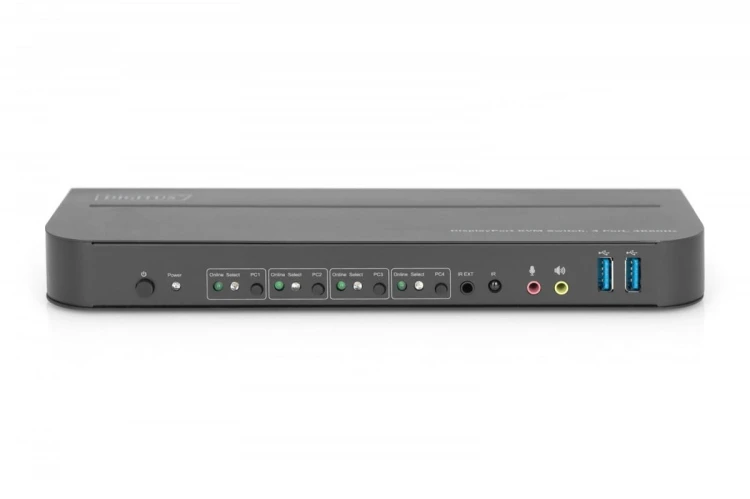 Digitus Przełącznik KVM, 4 portowy, 4K 60Hz, 4x DP IN, 1x DP OUT, 1x HDMI OUT, 2x USB A, 1x Audio IN&OUT