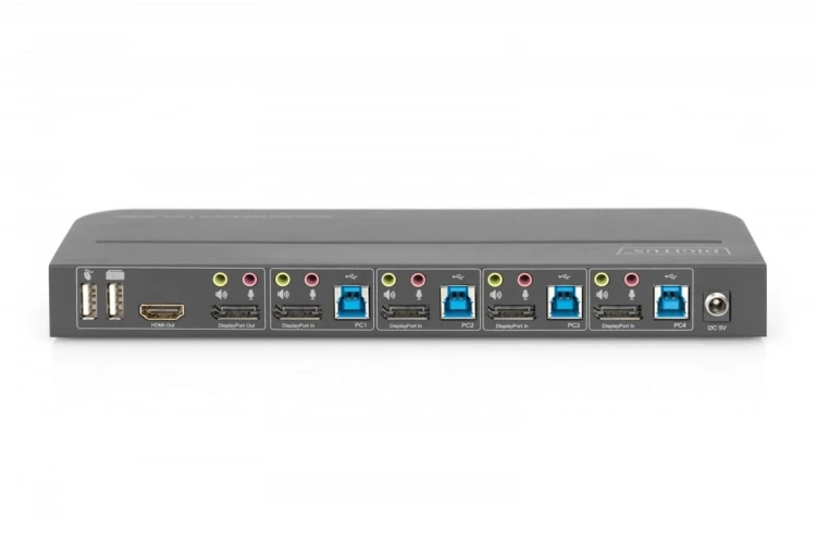 Digitus Przełącznik KVM, 4 portowy, 4K 60Hz, 4x DP IN, 1x DP OUT, 1x HDMI OUT, 2x USB A, 1x Audio IN&OUT
