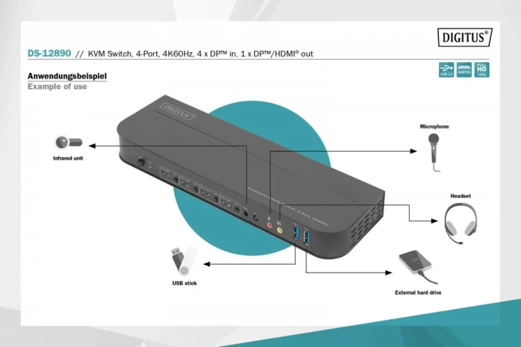 Digitus Przełącznik KVM, 4 portowy, 4K 60Hz, 4x DP IN, 1x DP OUT, 1x HDMI OUT, 2x USB A, 1x Audio IN&OUT