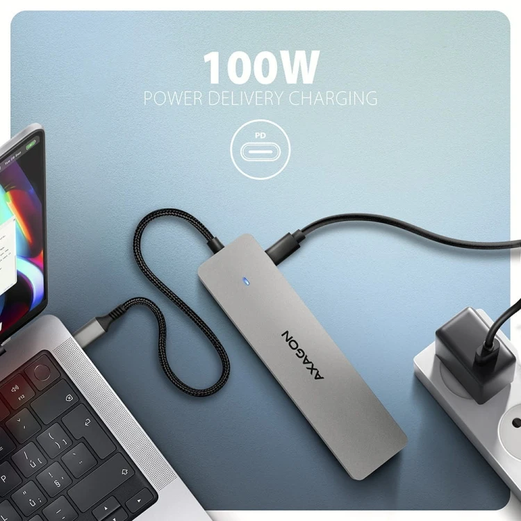 AXAGON HMC-7HX2 Wieloportovy hub USB 7in1, 5Gbps, 2x USB-A, 1x USB-C, 2x HDMI 4K/60Hz, GLAN, PD 100W, 15cm USB-C kabel