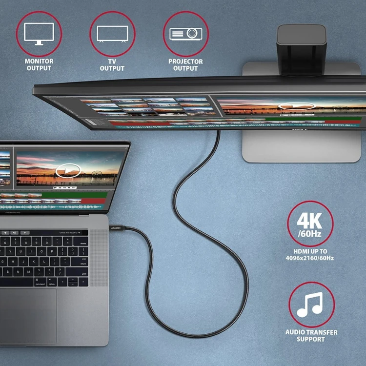 AXAGON BUCM32-CM05AB Kabel USB-C - USB-C 3.2 Gen 2 0.5m, PD 100W, 5A, 4K HD, ALU, oplot, czarny