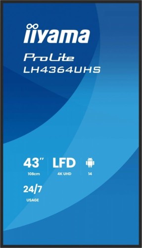 IIYAMA Monitor 43 cale LH4364UHS-B1AG 24/7,VA,ANDROID14,4K,500cd,4000:1,2xHDMI,USB-C,RJ45, RS-232c, IR, 2x10W, 2xUSB, UCHWYT ŚCIENNY
