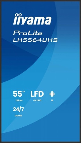 IIYAMA Monitor 55 cali LH5564UHS-B1AG, 24/7,VA,ANDROID14,4K,500cd,5000:1,    2xHDMI ,USB-C,RJ45, RS-232c, IR, 2x10W, 2xUSB, UCHWYT ŚCIENNY,iiSignage2,