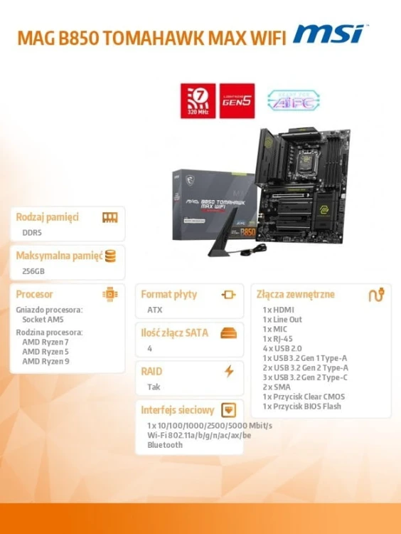 MSI Płyta główna MAG B850 TOMAHAWK MAX WIFI AM5 4DDR5 ATX