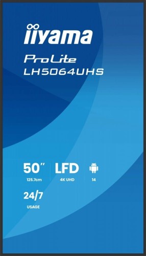 IIYAMA Monitor 50 cali LH5064UHS-B1AG, 24/7,IPS,ANDROID14,4K,500cd,1200:1,   2xHDMI ,USB-C,RJ45, RS-232c, IR, 2x10W, 2xUSB, UCHWYT ŚCIENNY,iiSignage2,