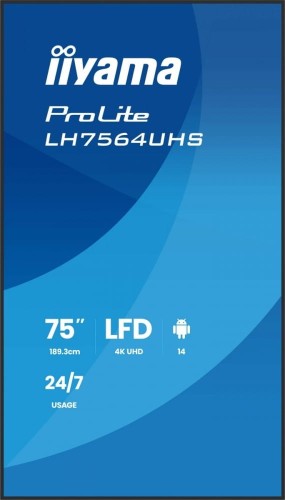 IIYAMA Monitor 75 cali LH7564UHS-B1AG, 24/7,VA,ANDROID14,4K,500cd,5000:1,    2xHDMI ,USB-C,RJ45, RS-232c, IR, 2x10W, 2xUSB, UCHWYT ŚCIENNY,iiSignage2,