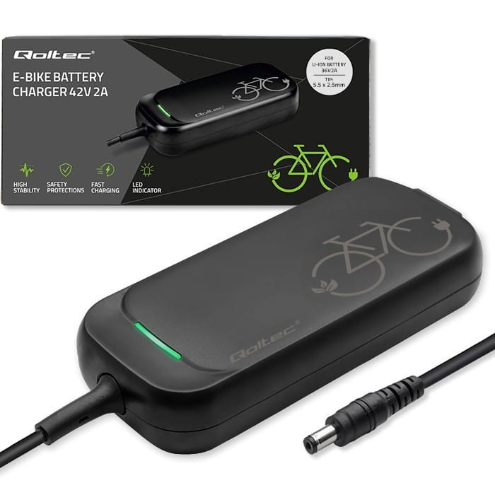Qoltec Ładowarka do roweru skutera elektrycznego 36V | 42V | 2A | 5.5*2.5 + wodoodporna + kabel zasilający