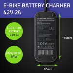 Qoltec Ładowarka do roweru skutera elektrycznego 36V | 42V | 2A | 5.5*2.5 + wodoodporna + kabel zasilający