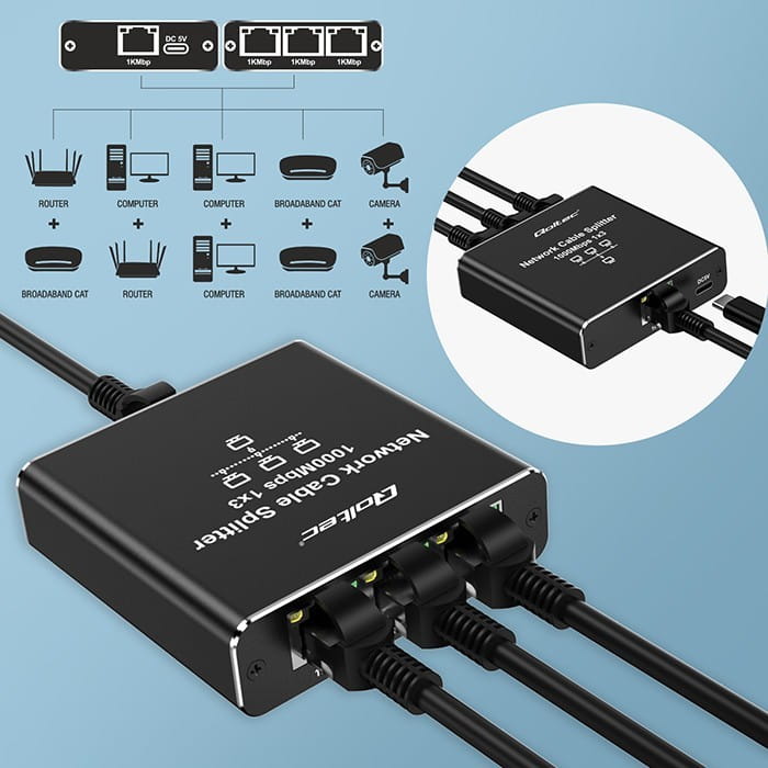 Qoltec Rozdzielacz Splitter Ethernet mini SWITCH 1x3 RJ45 | 1000Mb/s |  USB-C | Aluminium