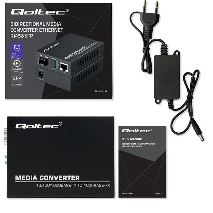 Qoltec Dwukierunkowy Media Konwerter SWITCH Ethernet 1x RJ45 1x SFP |   1000Mb/s | 5V