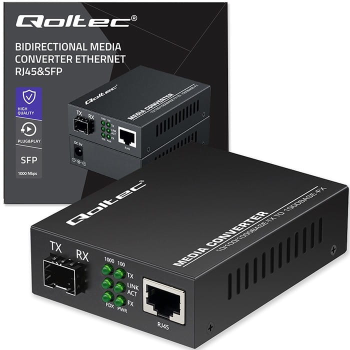 Qoltec Dwukierunkowy Media Konwerter SWITCH Ethernet 1x RJ45 1x SFP |   1000Mb/s | 5V