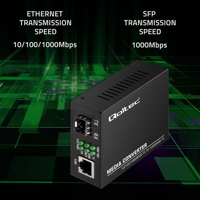 Qoltec Dwukierunkowy Media Konwerter SWITCH Ethernet 1x RJ45 1x SFP |   1000Mb/s | 5V