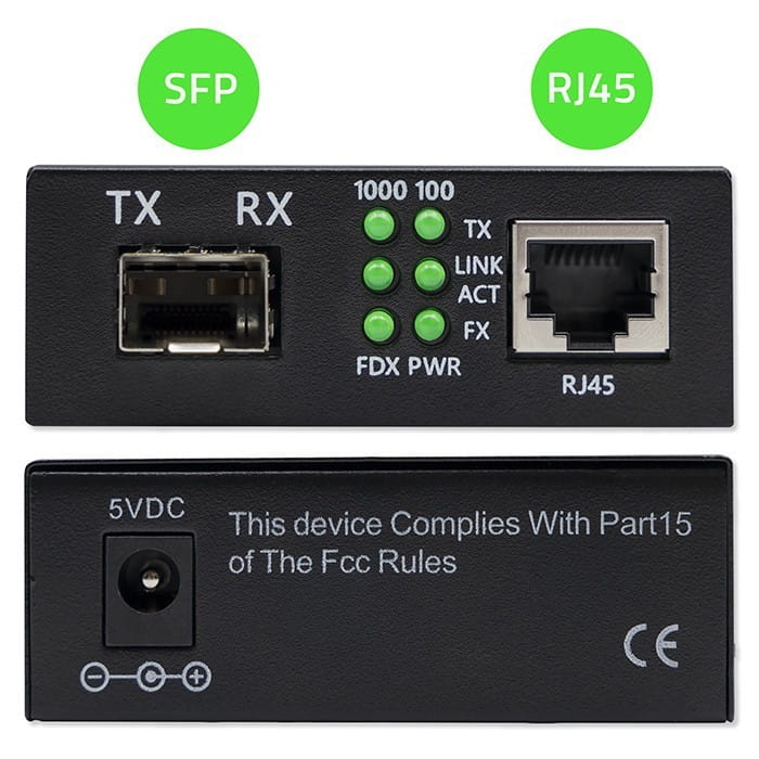 Qoltec Dwukierunkowy Media Konwerter SWITCH Ethernet 1x RJ45 1x SFP |   1000Mb/s | 5V