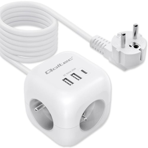 Qoltec Kostka zasilająca przedłużacz 6w1 z podświetlanym włącznikiem |  3x AC | 2x USB | 1x USB-C PD 20W | biała | kabel 2m