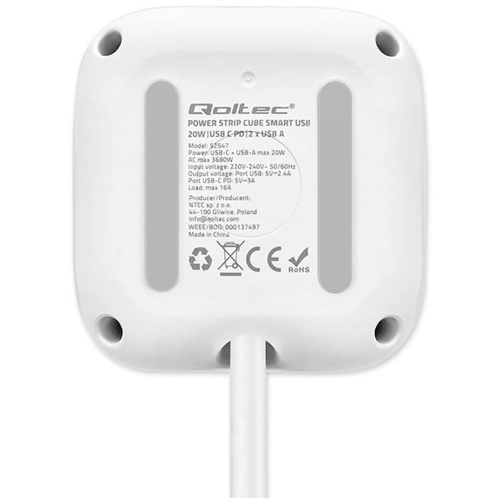 Qoltec Kostka zasilająca przedłużacz 6w1 z podświetlanym włącznikiem |  3x AC | 2x USB | 1x USB-C PD 20W | biała | kabel 2m