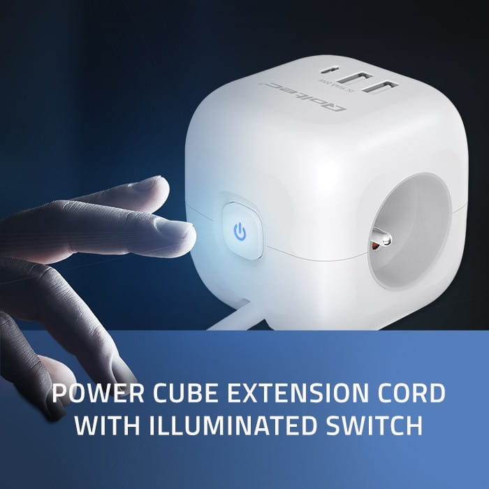 Qoltec Kostka zasilająca przedłużacz 6w1 z podświetlanym włącznikiem |  3x AC | 2x USB | 1x USB-C PD 20W | biała | kabel 2m