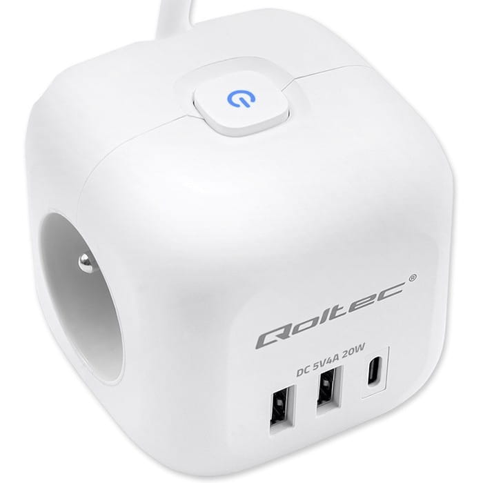 Qoltec Kostka zasilająca przedłużacz 6w1 z podświetlanym włącznikiem |  3x AC | 2x USB | 1x USB-C PD 20W | biała | kabel 2m