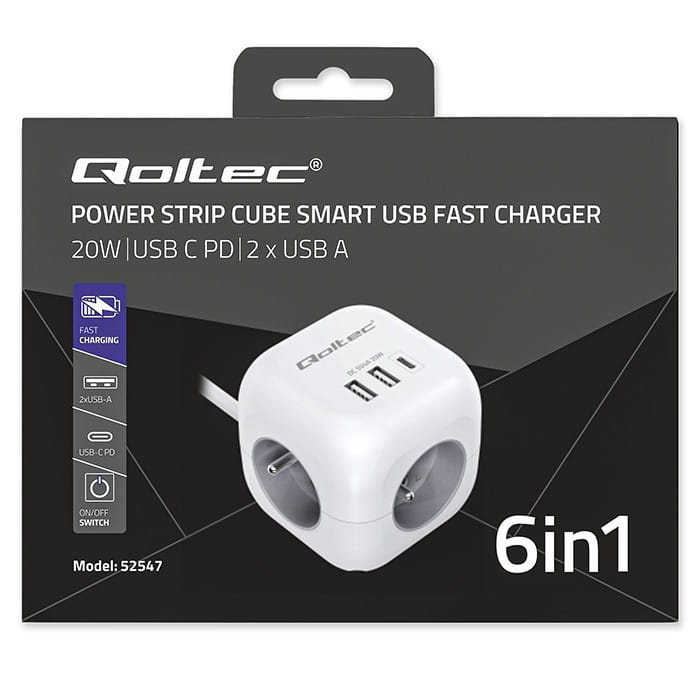 Qoltec Kostka zasilająca przedłużacz 6w1 z podświetlanym włącznikiem |  3x AC | 2x USB | 1x USB-C PD 20W | biała | kabel 2m