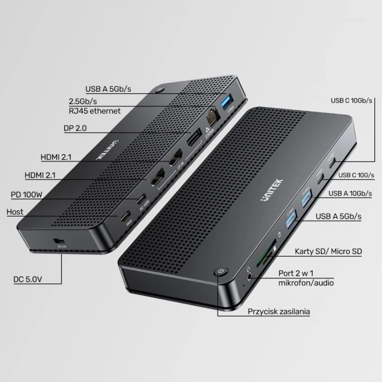 Unitek Stacja dokująca 13w1 USB-C, HDMI 2.1,DP 2.0,RJ45,10GBPs;D1104A01