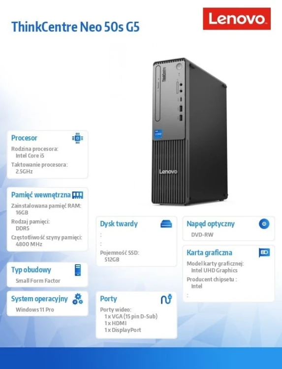 Lenovo Komputer ThinkCentre Neo 50s G5 SFF 12XD000CPB W11Pro i5-14400/16GB/512GB/INT/DVD/3YRS OS