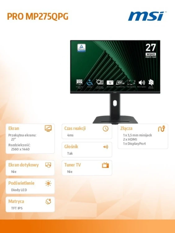 MSI Monitor PRO MP275QPG 27 cali LED/WQHD/Flat/100Hz/Black