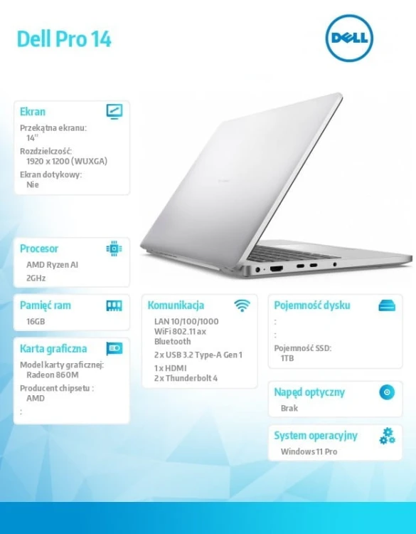 Dell Laptop Dell Pro 14 PC14255/AMD Ryzen AI 7 PRO 350/16GB/1TB/14.0 FHD+/Radeon 860M/FgrPr/FHD/IR Cam/Mic/WLAN+BT/Backlit Kb/3 Cell/W11Pro