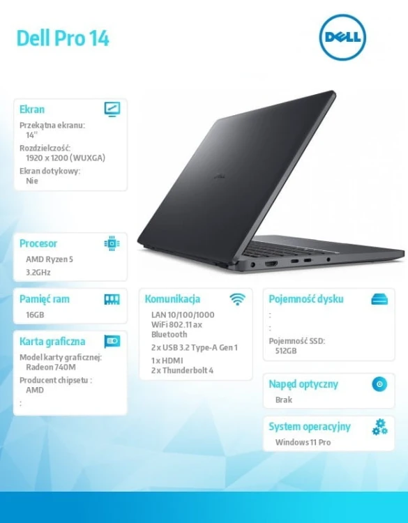 Dell Laptop Dell Pro 14 PC14255/AMD Ryzen 5 220/16GB/512GB SSD/14.0 FHD+/Radeon 740M/FgrPr/FHD/IR Cam/Mic/WLAN+BT/Backlit Kb/3 Cell/W11Pro