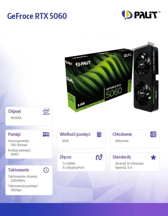Palit Karta graficzna GeFroce RTX 5060 DUAL 8GB GDDR7 128bit 3DP/HDMI