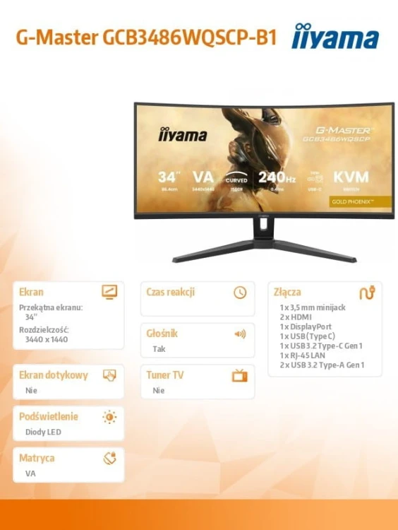 IIYAMA Monitor G-Master 34 cale GCB3486WQSCP-B1,VA,UWQHD,240HZ,0.4ms,1500R,HDR400,500cd,21:9,HDMI (2.1), USB-C dock 95W, RJ45, 2x5W, KVM,PiP