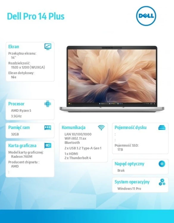Dell Laptop Dell Pro 14 Plus PB14255/AMD Ryzen 5 PRO 230/32GB/1TB SSD Gen4/14.0 FHD+/Radeon 760M/FgrPr&SmtCd/FHD/IR Cam/Mic/WLAN+BT/Backlit Kb/3 Cell/
