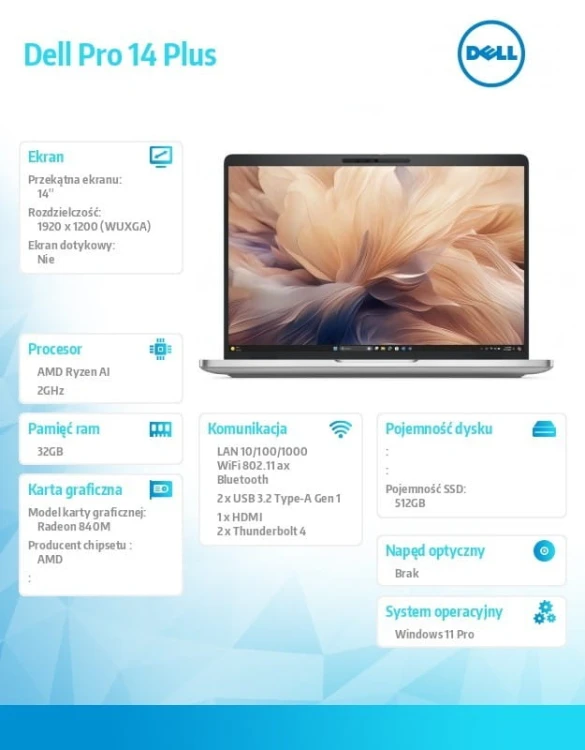 Dell Laptop Dell Pro 14 Plus PB14255/Ryzen AI 5 PRO 340/32GB/512GB SSD Gen4/14.0 FHD+/Radeon 840M/FgrPr&SmtCd/FHD/IR Cam/Mic/WLAN+BT/Backlit Kb/3Cell/
