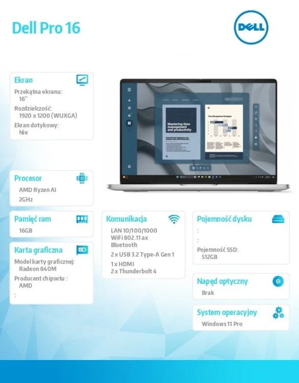 Dell Laptop Dell Pro 16 PC16255/AMD Ryzen AI 5 PRO 340/16GB/512GB SSD/16.0 FHD+/Radeon 840M/FgrPr/FHD/IR Cam/Mic/WLAN+BT/Backlit Kb/3Cell/W11P