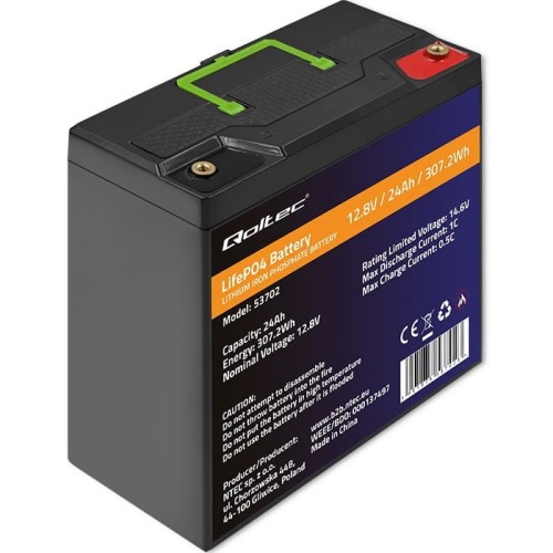 Qoltec Akumulator LiFePO4 Litowo-Żelazowo-Fosforanowy | 12.8V | 24Ah |  307.2Wh | BMS