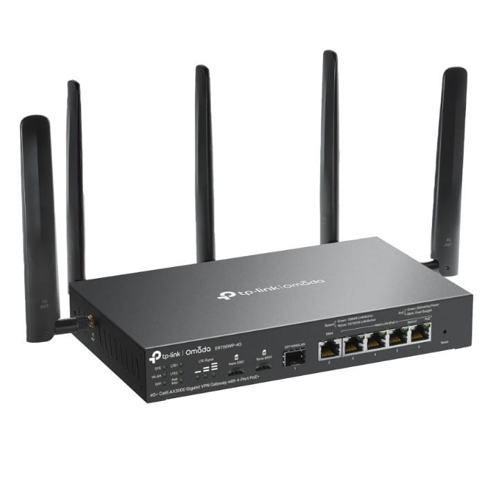 TP-LINK Brama sieciowa gigabitowa Omada 4G+ Cat6 AX3000 VPN with 4-Port PoE+PORT: 1× Gigabit SFP WAN/LAN Port, 1× Gigabit RJ45 WAN Port, 4× Gigabit WA
